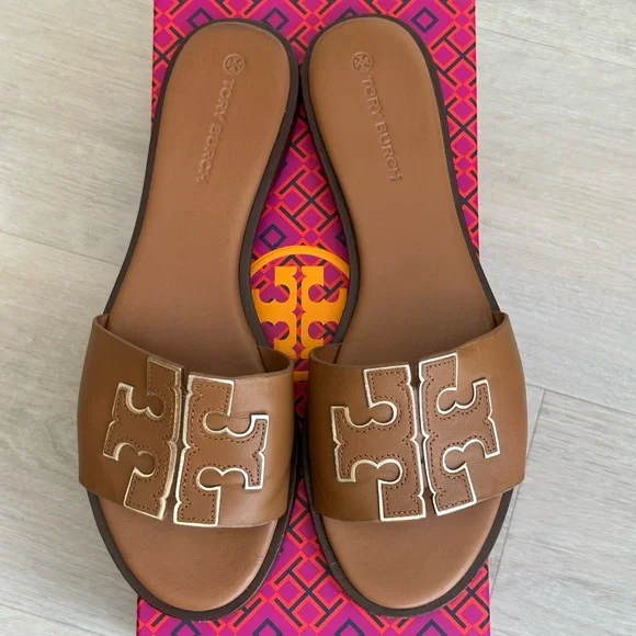 Tory Burch Ines Tan calf leather Slide Sandals with metallic accent - Picture 3 of 3